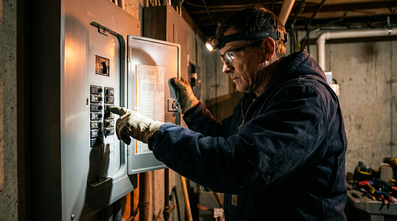 Voltmark electrician inspecting a residential breaker panel